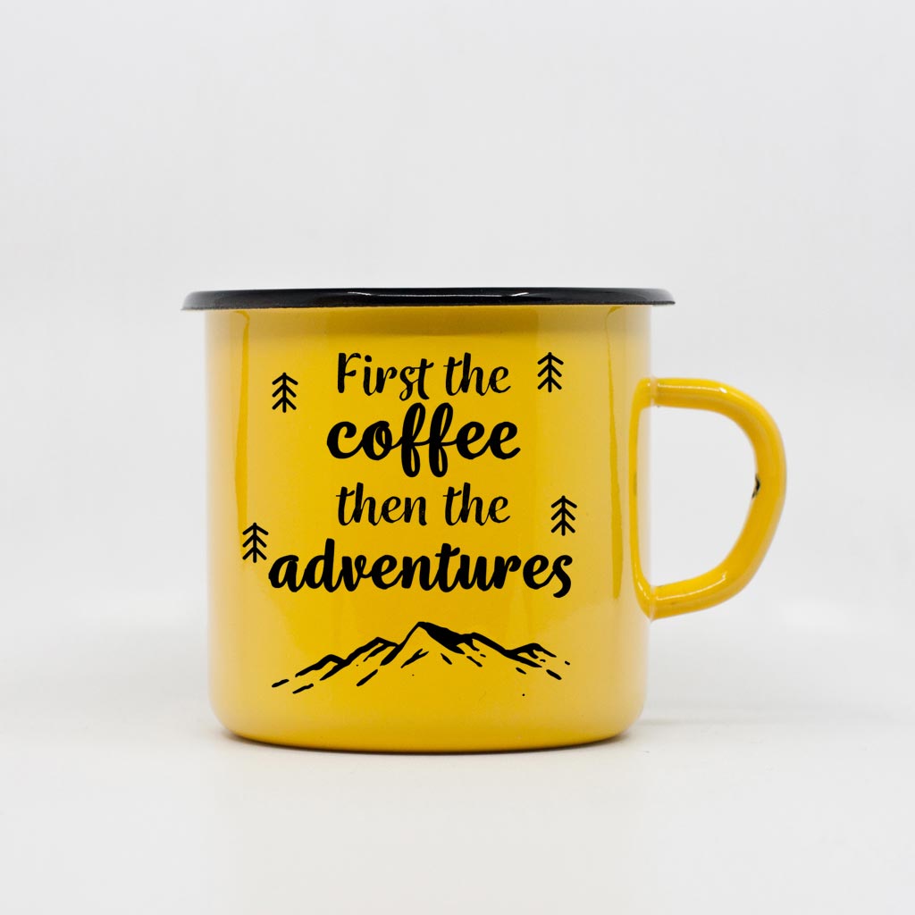 Personalised 'Let the Adventures Begin' Enamel Metal Travel Mug Gift