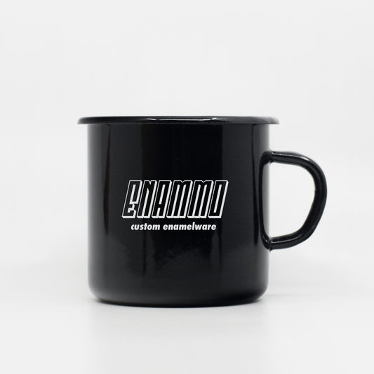 Black custom enamel mug 400ml/13.5oz with vector design upload