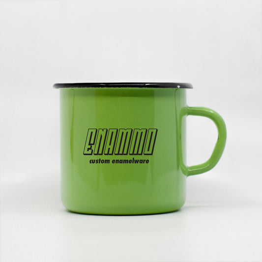 Green custom enamel mug 400ml/13.5oz with vector design upload