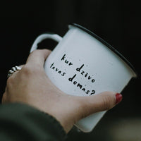 custom printed white enamel mug with writing