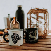 black and white enamel mugs with dog design print