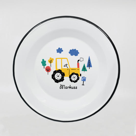 Kids enamel dinner plate with tractor print 600ml/20.28oz