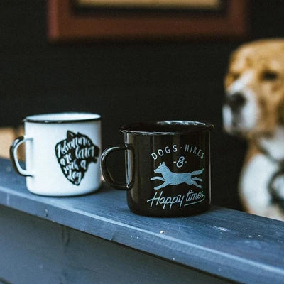 black and white enamel mug with dog design print