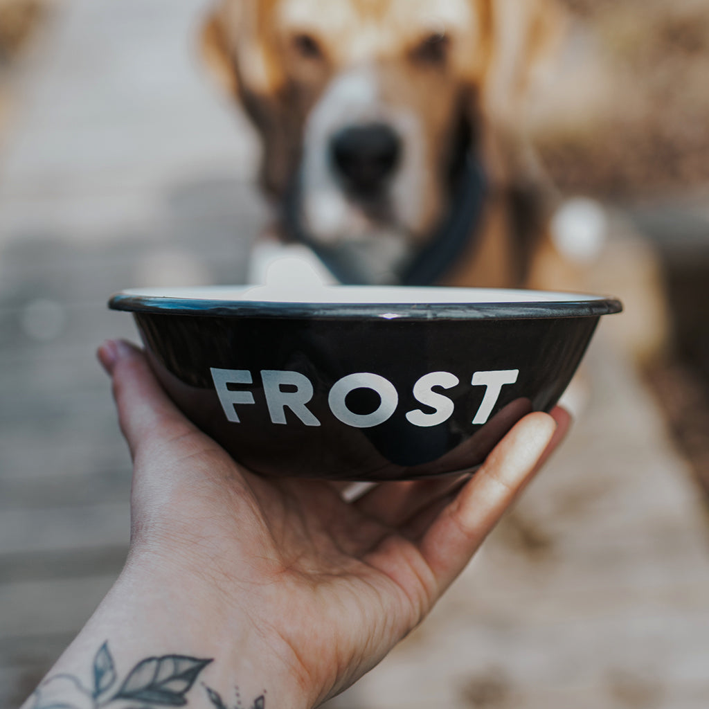 black enamel bowl with white design prin