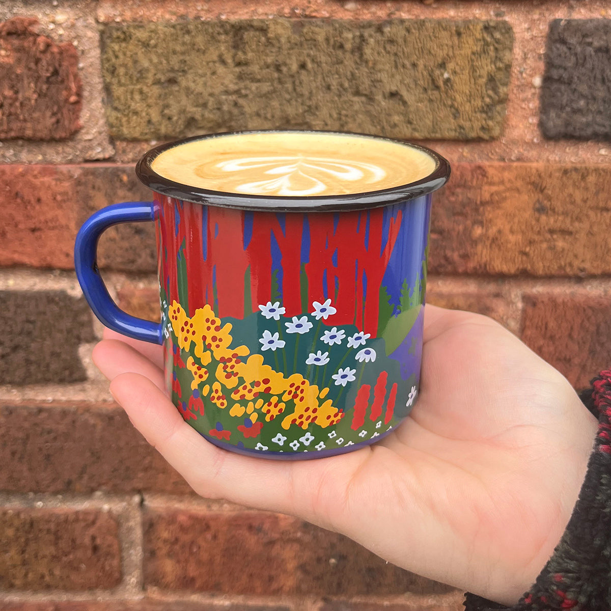 hopscotch coffee blue enamel mug with 5 color design print