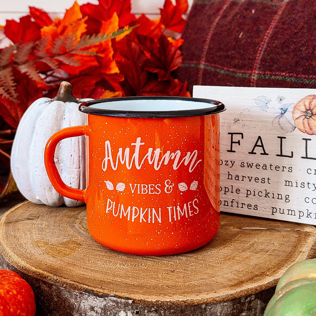 the pumpkin hare orange enamel mug with autumn vibes & pumpkin times design