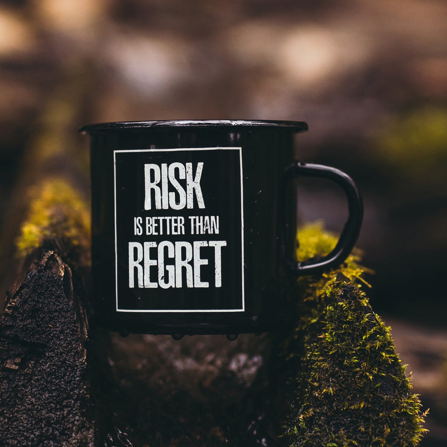 black custom printed enamel mug with white color print