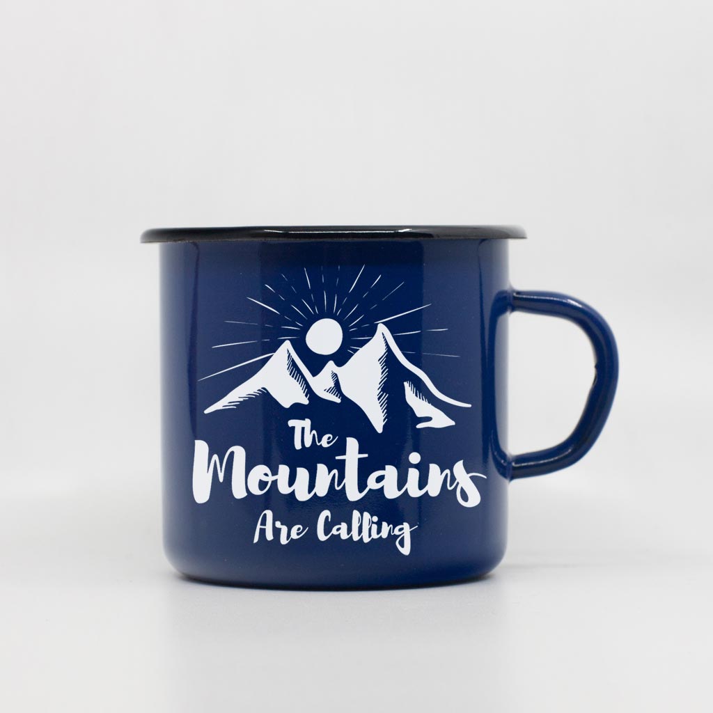 enamel mug with mountains are calling design